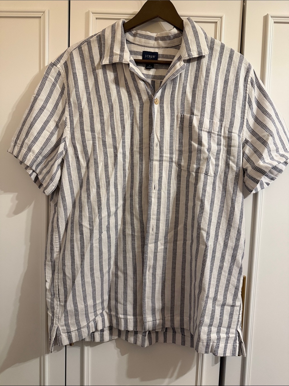 J. Crew White and Navy Vertical-Stripe Linen Shirt